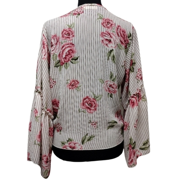 Anthropologie Lavender Field pinstripe floral bell sleeves top with waist tie - Picture 2 of 12